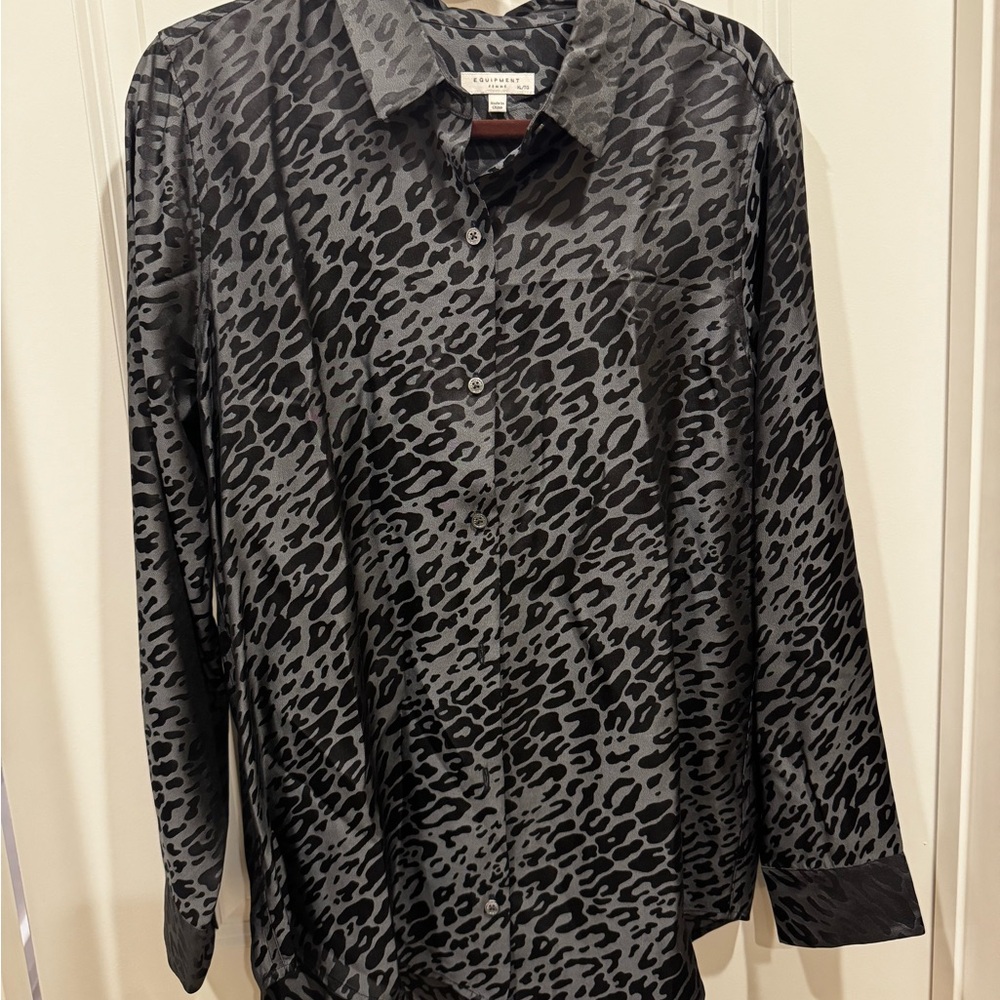 Equipment Black and Gray Leopard Satin Button-Up